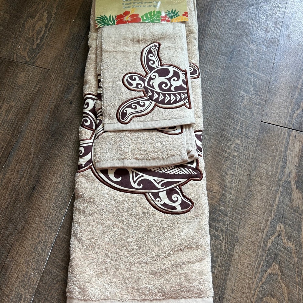 Kauhale Living Hawaiian Bath Towel Set 3pc 100% Cotton Tribal Honu Sea Turtle